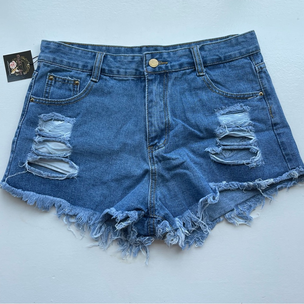 October Love frayed & distressed blue jean shorts